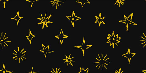 Rough crayon twinkle stars seamless pattern with distressed texture and bold sketch marks. Hand drawn abstract design print vector illustration