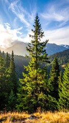 Majestic Evergreen Tree in a Mountain Landscape.