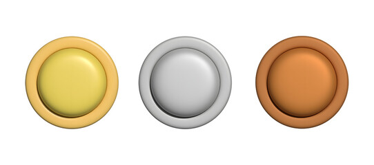 3D Gold, Silver and Bronze Buttons on Transparent Background. Perfect for UI Design, App Icons, Badges, Game Elements and Digital Interfaces.
