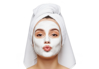 Young woman with white facial mask and white towel wrapped around head pouting lips isolated on transparent background