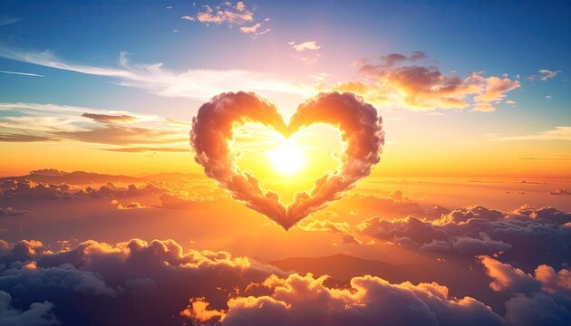 Heart Shaped Cloud Formation Illuminating the Sky During a Golden Sunset Over a Cityscape