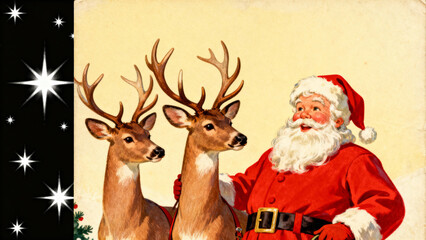 Santa Claus with reindeer on vintage postcard from 1950s  