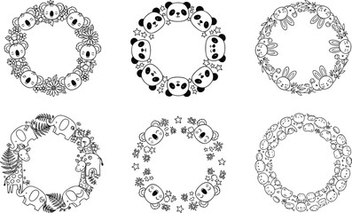 wreath, animal, cartoon, cute, vector, illustration, drawing, circle, decorative, rabbit, bear, panda, giraffe, elephant, floral