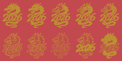 Year of the Dragon 2026 illustrations on a red background.