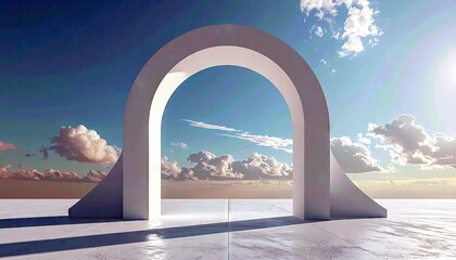 Fototapeta premium A white archway frames a view of a blue sky filled with fluffy clouds. The scene is bathed in sunlight, creating a sense of openness and serenity.