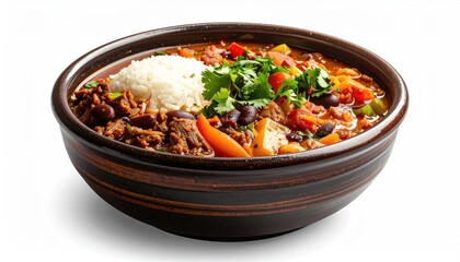 Hearty Beef Chili Con Carne With Rice Cilantro And Spices In A Rustic Bowl With A White Background