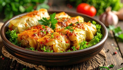Hearty Cabbage Rolls Stuffed with Savory Filling Garnished with Fresh Parsley and Lettuce Served in Rustic Ceramic Bowl on Wooden Table with Tomatoes and Garlic in Background