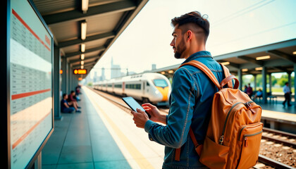 Backpacker checking timetable on train platform, next adventure