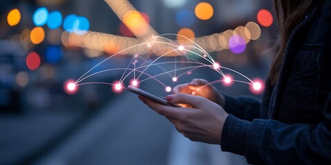 Person using smartphone with glowing network overlay at night