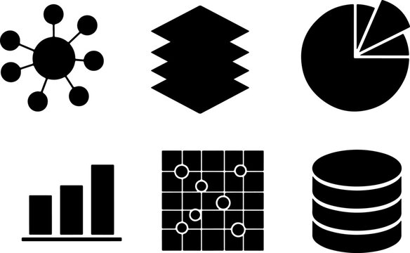 Black Icon Set for Data Science and Business Analytics, Featuring Network Connections, Stacked Data Layers, Pie Chart, Bar Graph, Scatter Plot, and Database Symbol