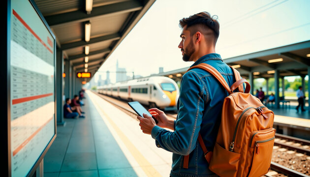 Backpacker checking timetable on train platform, next adventure - Powered by Adobe