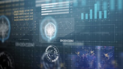 Futuristic brain scan interface displaying global data analytics