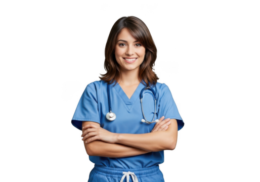 Smiling female medical professional wearing blue scrubs and stethoscope arms crossed isolated on transparent background