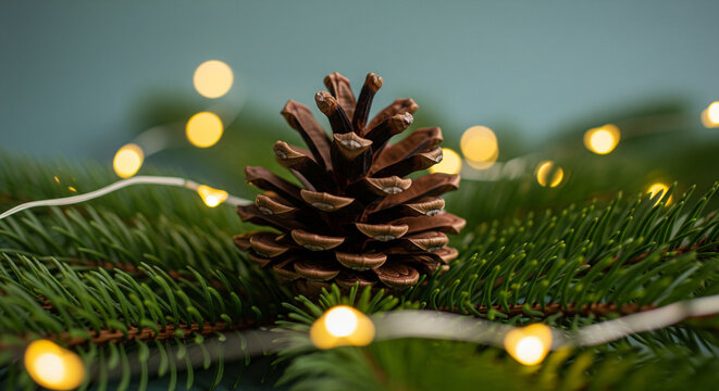 Close up of pine cone with festive lighting