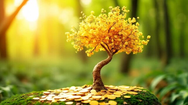 Gold Money tree of good luck and Feng Shui made of golden coins in green forest. Capital growth, investment, saving money, economy, finance and business concept 