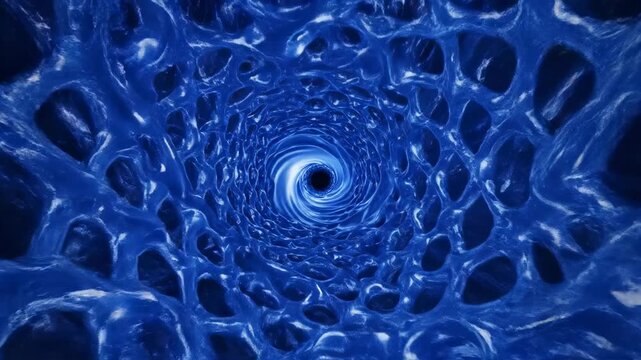 Seamless loop of vibrant sapphire blue liquid creating abstract volumetric light tunnels and deep immersive flowing patterns visual, calm, deep