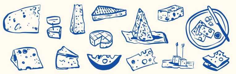 Doodle style cheese illustration set with wine glass and charcuterie pieces. Vector icons showing wedges, swiss slices, and gourmet dairy products in simple outline style