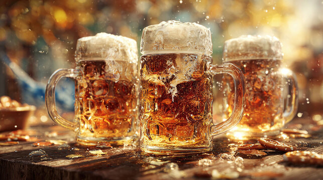 Three frothy beer mugs sitting on the wooden table. The beers look cold and refreshing - Powered by Adobe