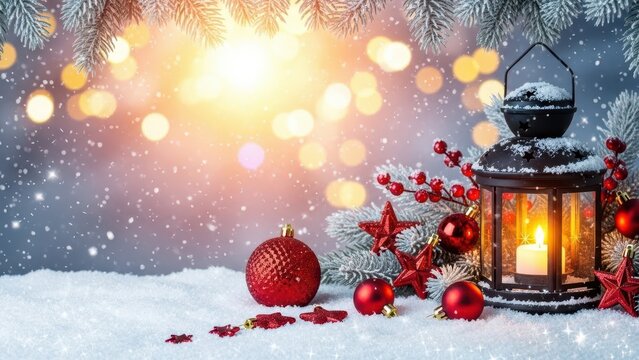 Festive christmas lantern with red ornaments and bokeh lights in a snowy winter scene