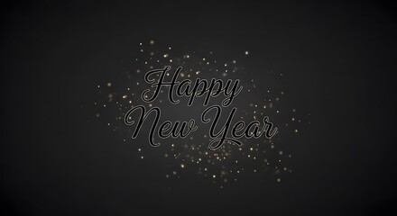 Happy new year text with sparkling particles on a dark background