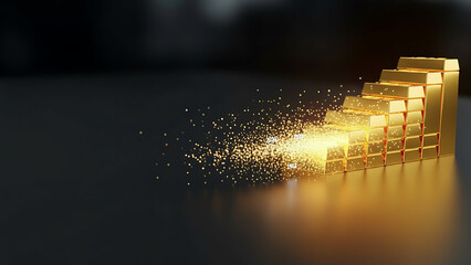 Stack of gold bars dissolving into glittering particles on a reflective surface