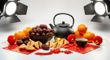 Festive arrangement with fruit tea and fortune cookies