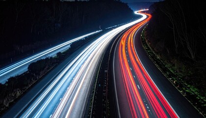 Highway at night with streaking red and white car lights creating abstract motion blur patterns against a dark sky and distant city lights.