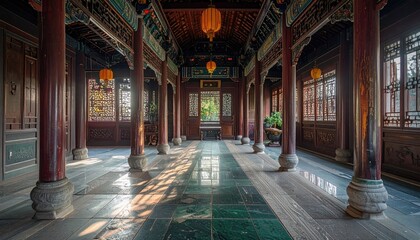 Historic Asian Hallway With Sunlight Beams Shining Through Intricate Wooden Screens And Lanterns Casting Shadows On Green Marble Floor