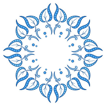 Round ornament of blue curved leaves. Refine floral ornamental mandala. Traditional vintage cutwork embroidery. Elegant plant design element