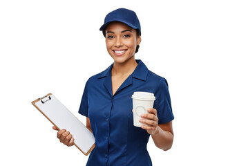 Smiling young woman wearing a blue uniform and cap holding a clipboard and a coffee cup isolated on transparent background