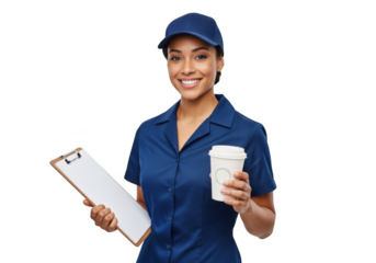Smiling young woman wearing a blue uniform and cap holding a clipboard and a coffee cup isolated on transparent background