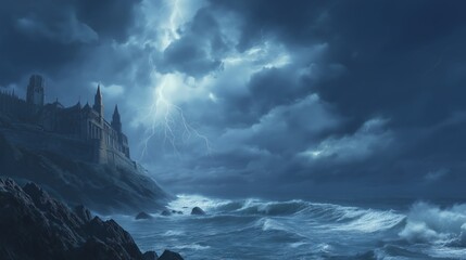 Fototapeta premium Stormy Seaside Castle Under Lightning and Clouds