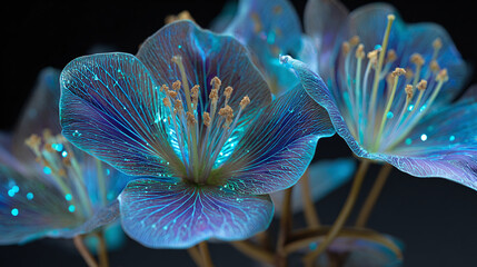 Glowing floral arrangement showcasing iridescent blossoms. The image portrays a close-up of flowers with vibrant, luminescent petals
