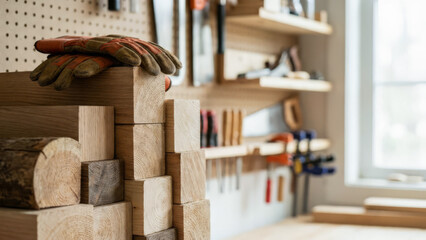 Close-up of stacked wooden blocks with a pair of work gloves resting on top, woodworking workshop background.