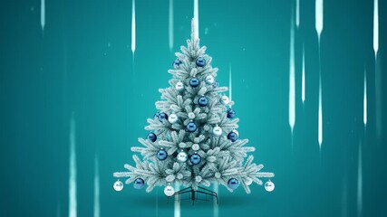Elegant silver Christmas tree with blue ornaments on a turquoise background with glowing light streaks - Powered by Adobe