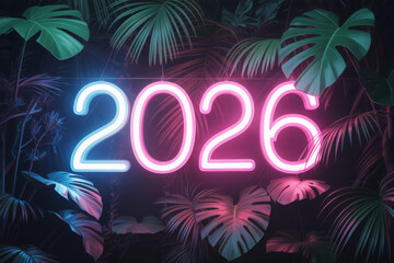 Glowing neon 2026 sign surrounded by tropical leaves for a futuristic new year or event promotion