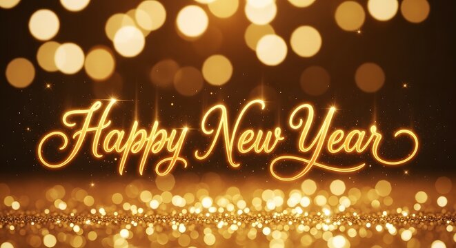 Golden happy new year text with sparkling bokeh lights and glitter