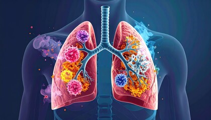 Human Respiratory System With Cancerous Tumors And Infections Glowing In Vivid Colors Against Dark Blue Background