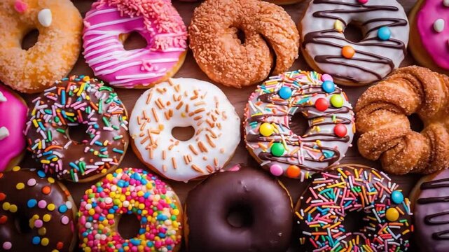 Decorated colorful donuts. Beautiful glazed bakery on table. Generative AI