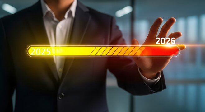Businessperson s hand interacting with a glowing progress bar showing the year 2025