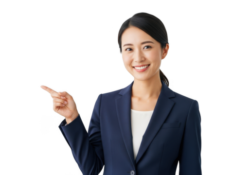 A smiling young asian businesswoman in a dark blue suit points to the left with her index finger isolated on transparent background