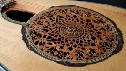 Intricate wood carving on acoustic guitar soundhole