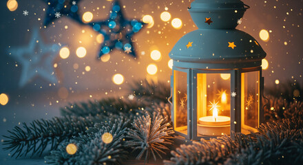 Festive lantern and sparkling bokeh on transparent background