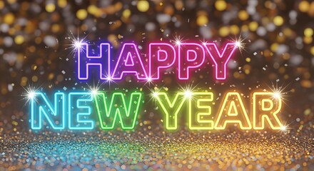 Vibrant happy new year neon text glowing on a sparkling glitter background