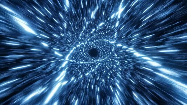 Seamless loop through an infinite abstract tunnel illuminated by bright blue glowing neon light trails into the distant void VJ loops, dark energy, darkness