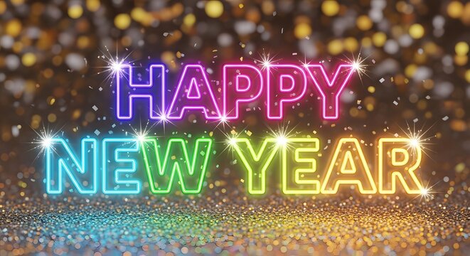 Vibrant happy new year neon text glowing on a sparkling glitter background