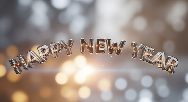 Happy new year silver balloon letters with festive bokeh background