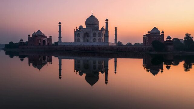 Taj mahal reflecting in the yamuna river at sunrise in agra, india