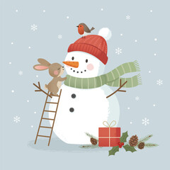 Cozy woodland snowman Christmas Scene