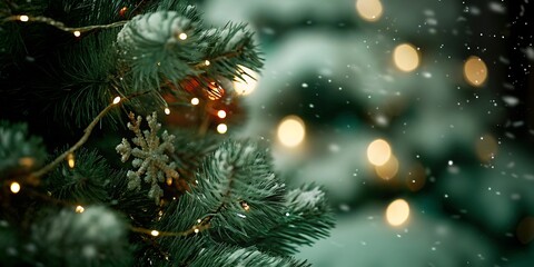 Close up of a decorated christmas tree with soft bokeh lights and falling snow